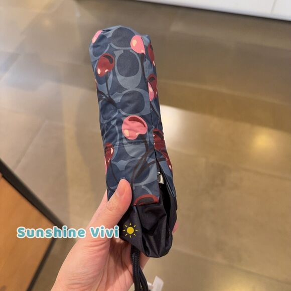NWT Coach UV Protection Mini Umbrella in Signature Cherry Print Gold/Denim cz929 - Picture 1 of 5